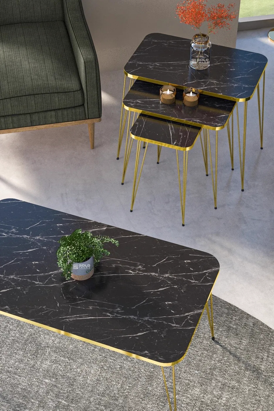 Rectangular 4-Piece Table Set Gold Wire Legs - Black Marble Effect