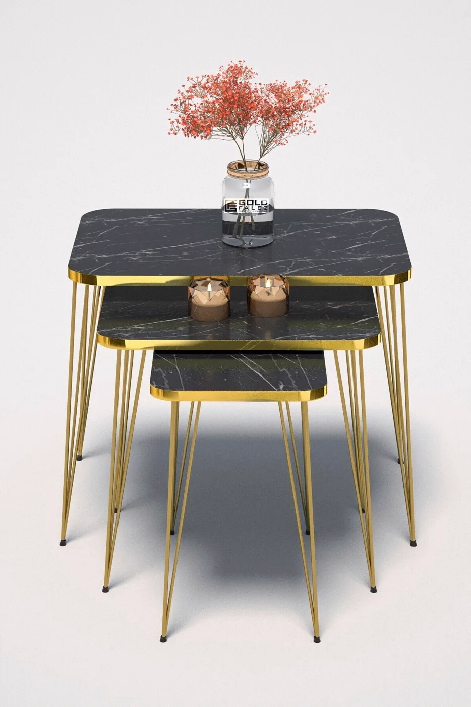 Rectangular 4-Piece Table Set Gold Wire Legs - Black Marble Effect