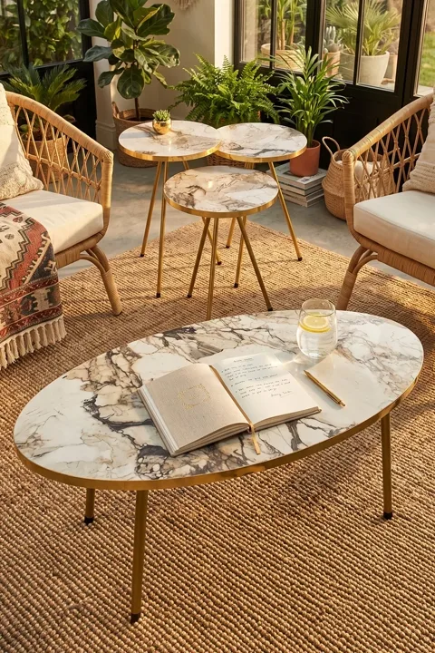 Oval Coffee & Nesting Table Set Gold Metal Legs - White Marble Effect Gold