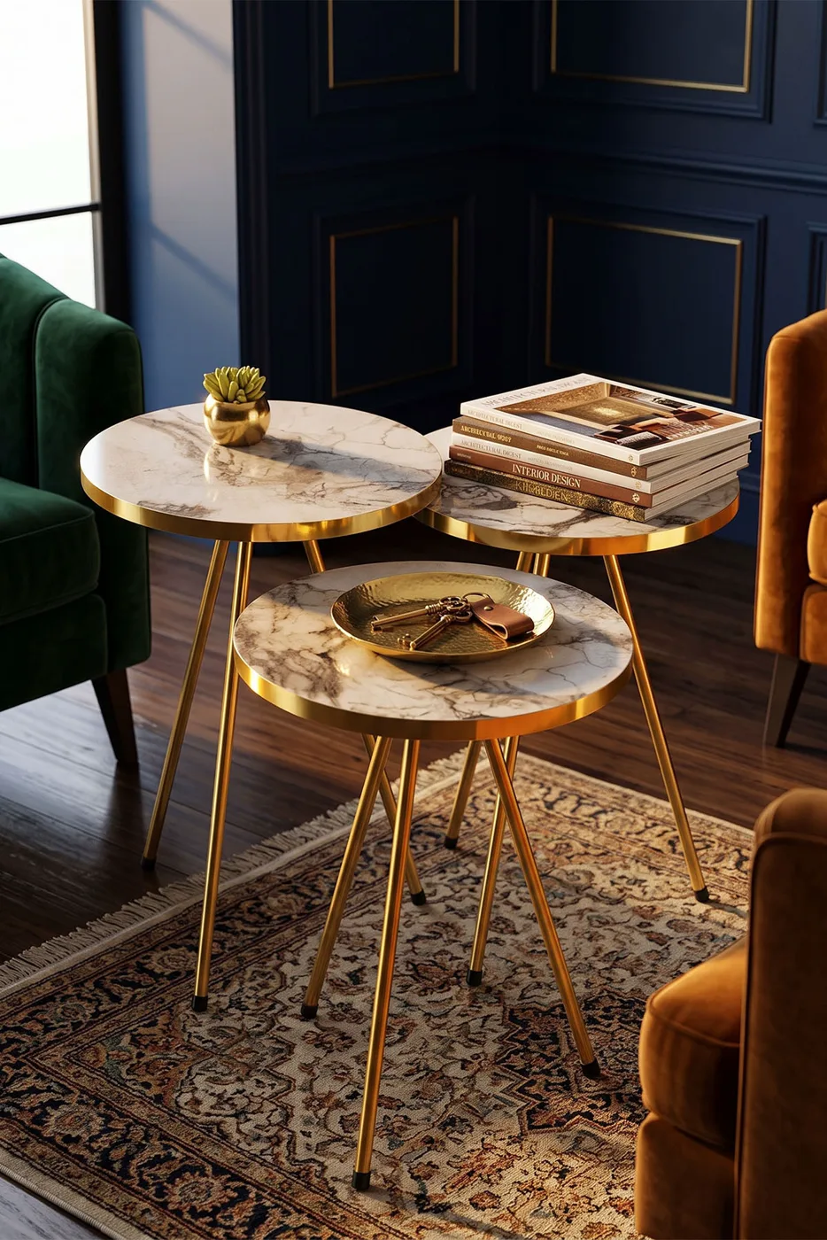 Oval Coffee & Nesting Table Set Gold Metal Legs - White Marble Effect Gold