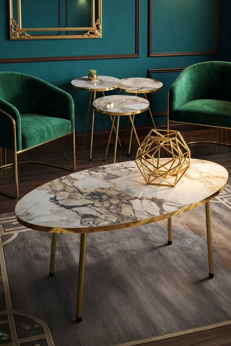 Oval Coffee & Nesting Table Set Gold Metal Legs - White Marble Effect Gold