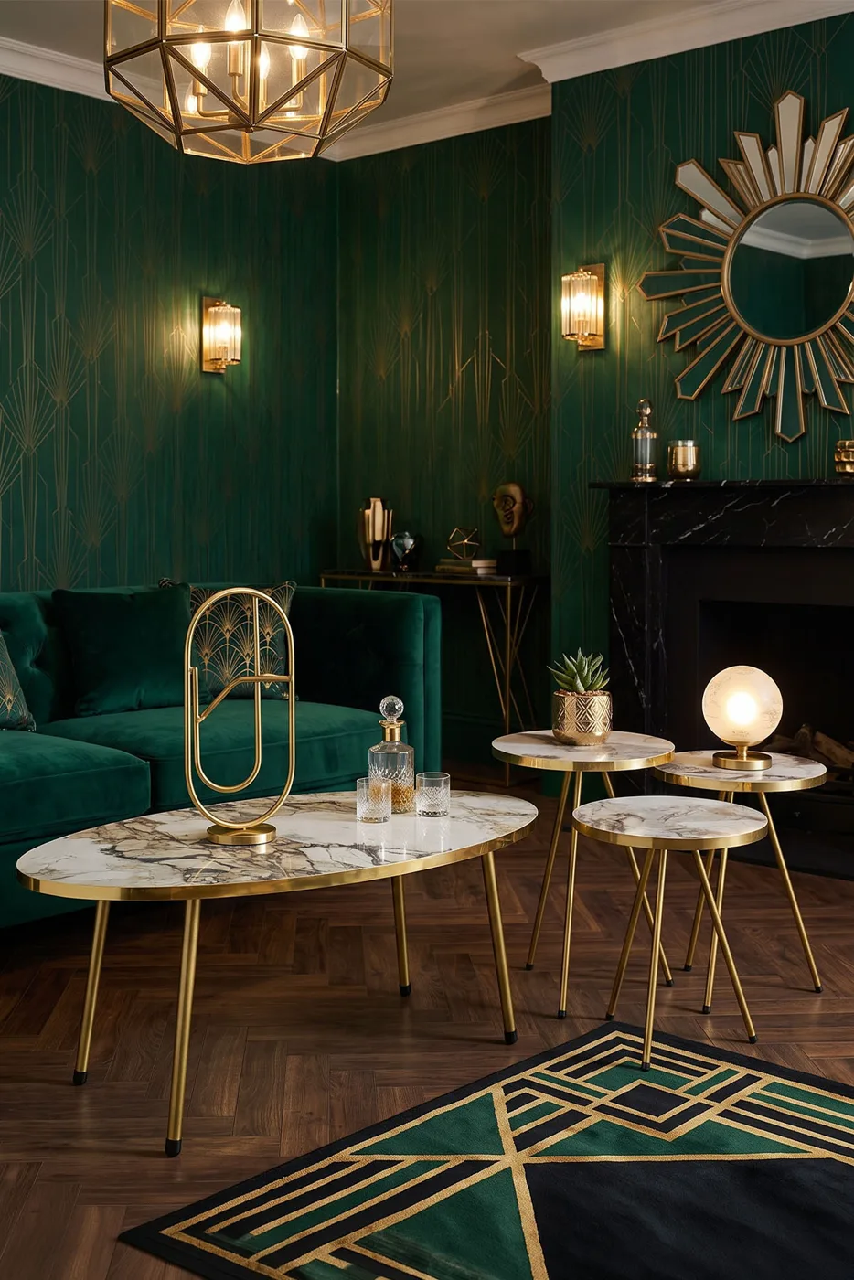 Oval Coffee & Nesting Table Set Gold Metal Legs - White Marble Effect Gold