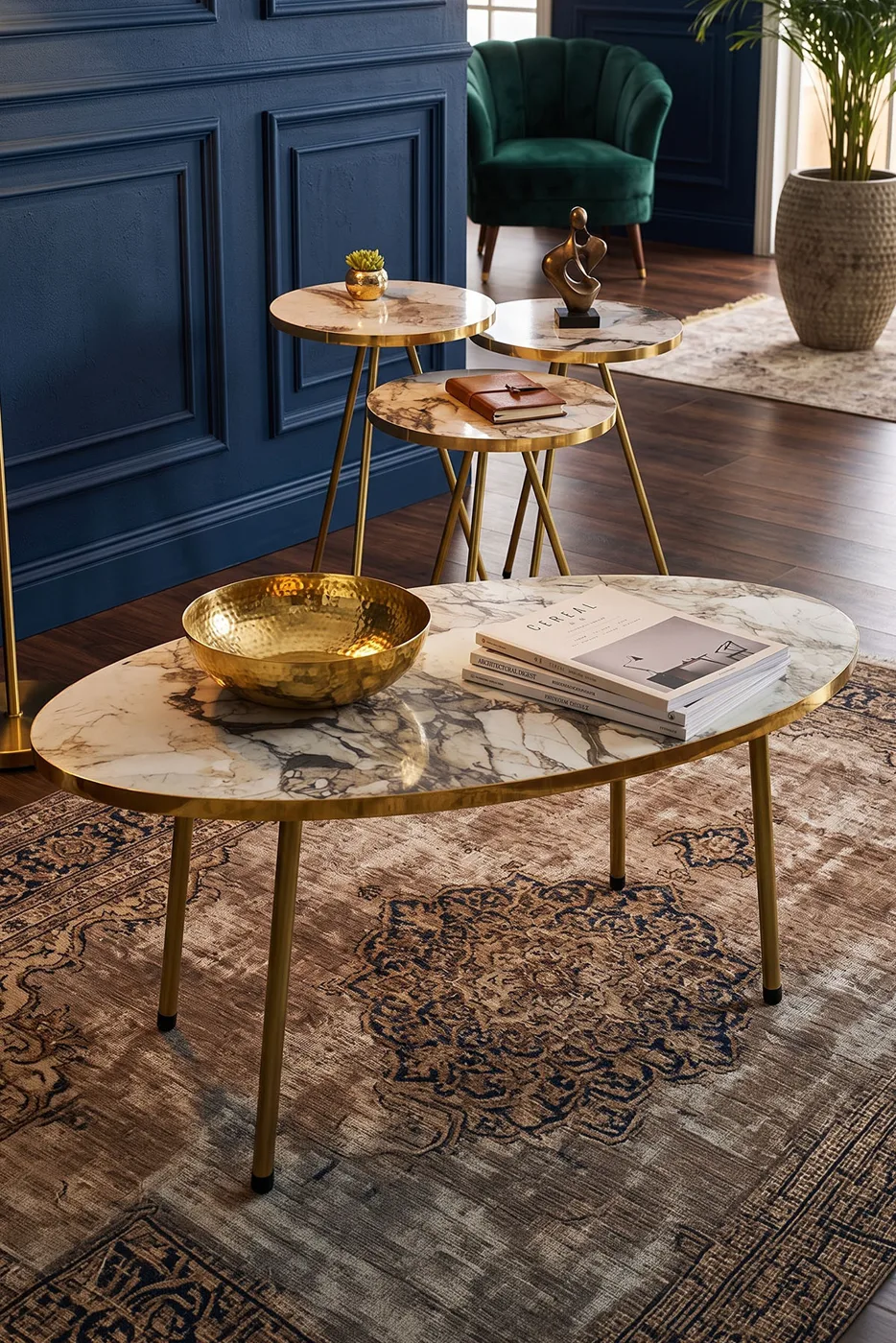 Oval Coffee & Nesting Table Set Gold Metal Legs - White Marble Effect Gold