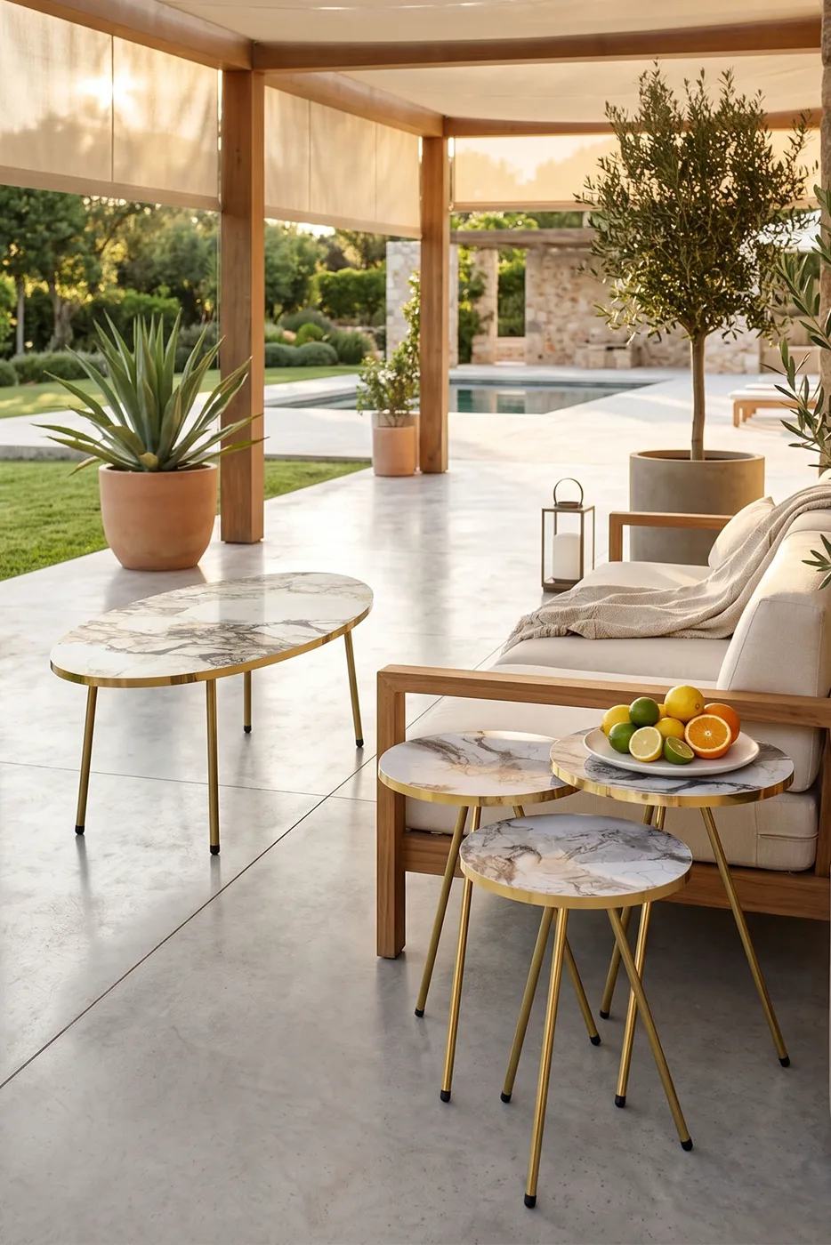 Oval Coffee & Nesting Table Set Gold Metal Legs - White Marble Effect Gold