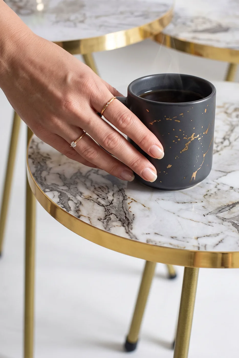 Oval Coffee & Nesting Table Set Gold Metal Legs - White Marble Effect Gold