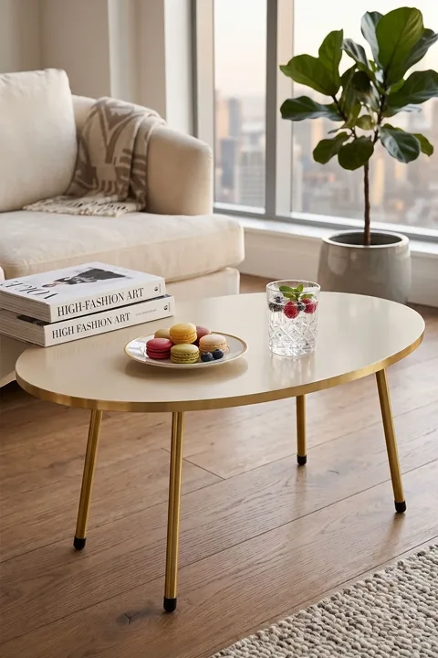 Table basse ovale pieds en métal doré - crème