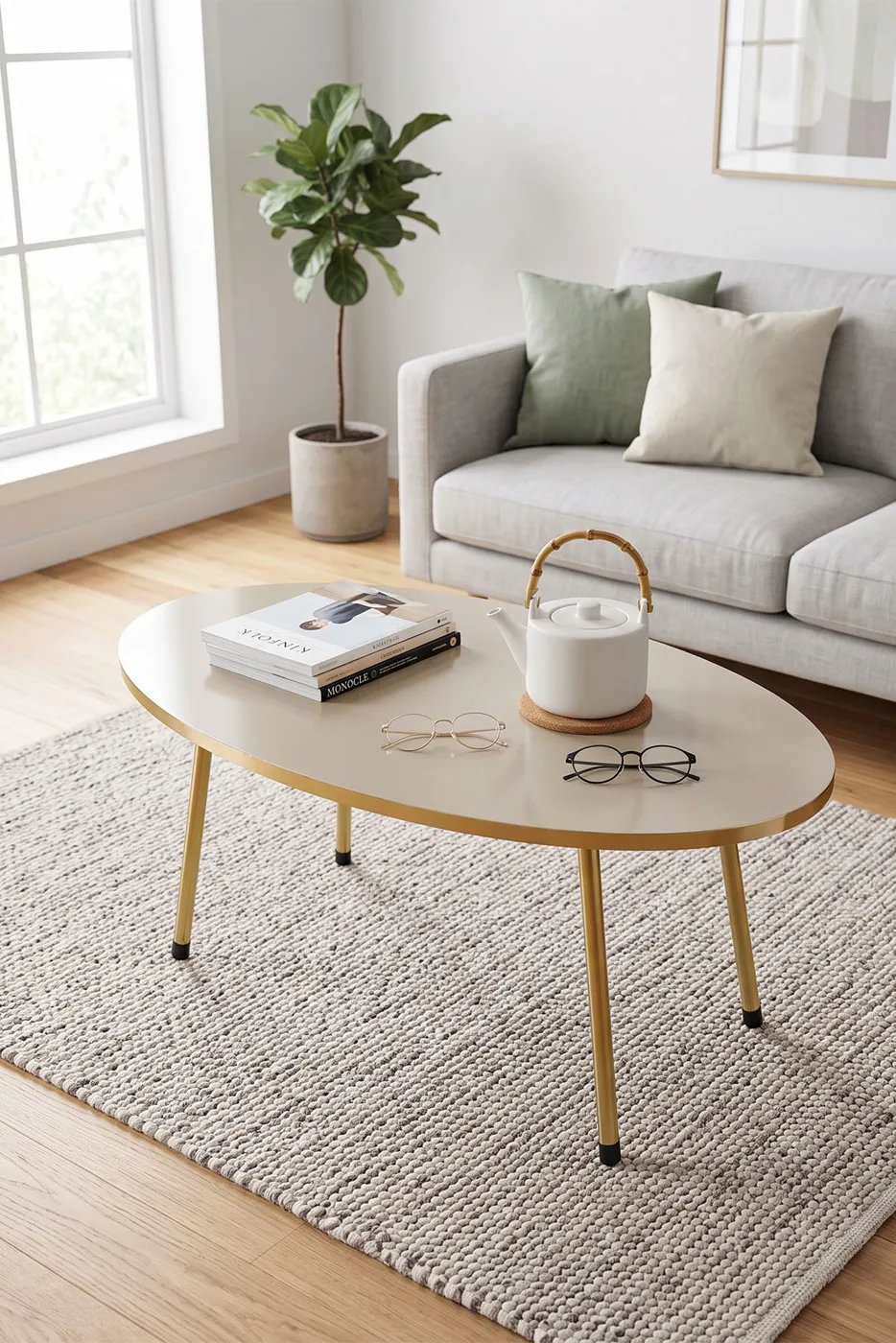 Oval Coffee Table Gold Metal Legs - Cream