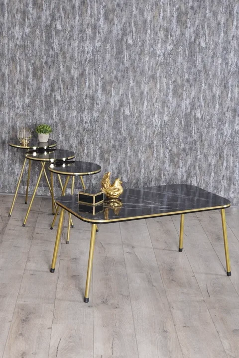Round Coffee & Nesting Table Set Gold Metal Legs - Black Marble Effect