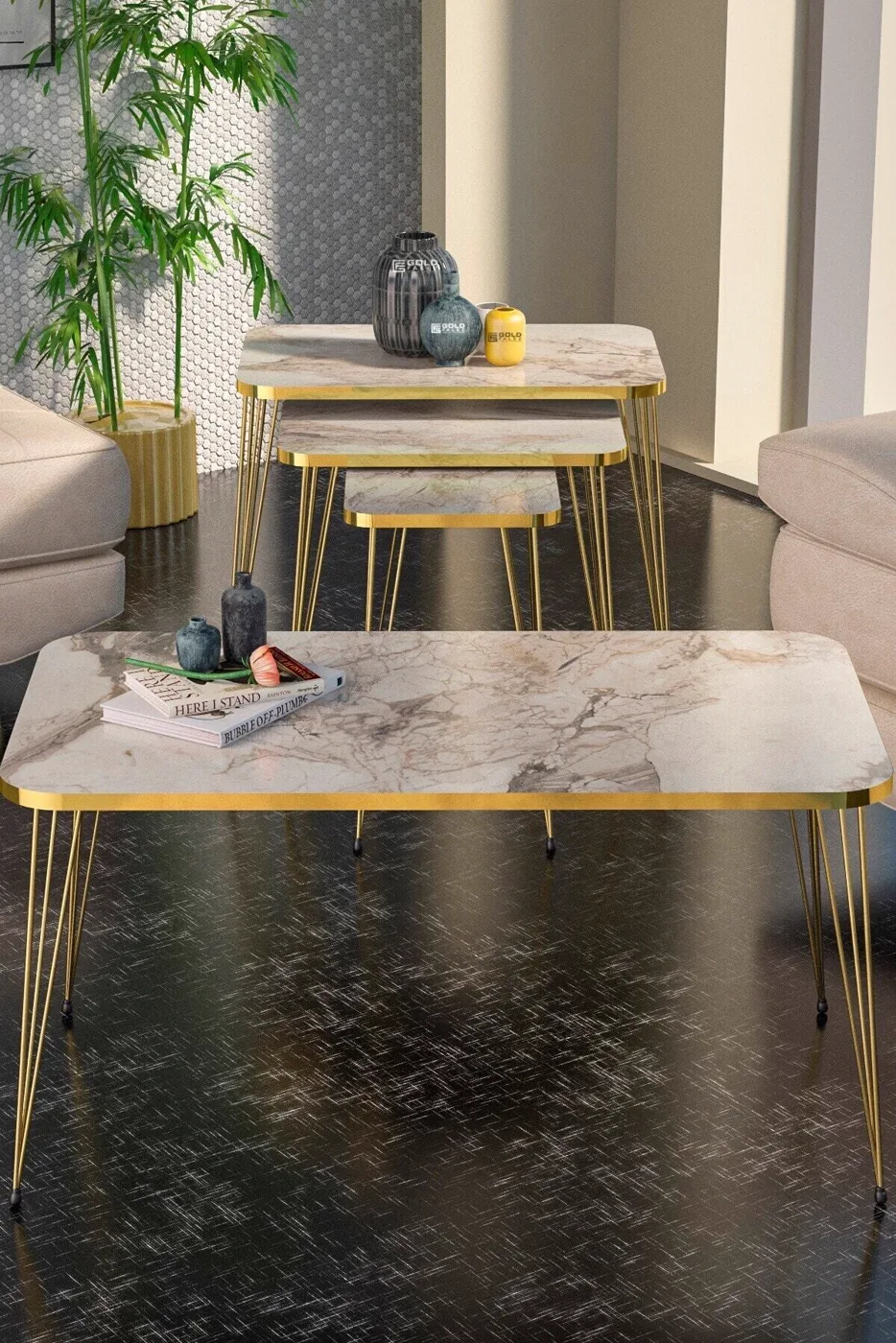 Rectangular 4-Piece Table Set Gold Wire Legs - White Marble Effect