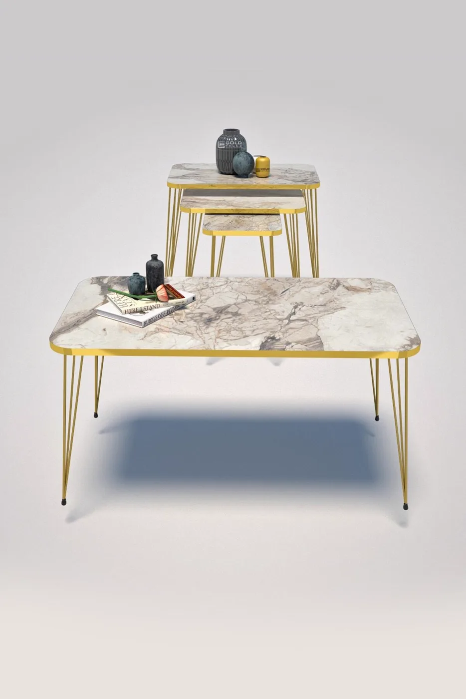 Rectangular 4-Piece Table Set Gold Wire Legs - White Marble Effect