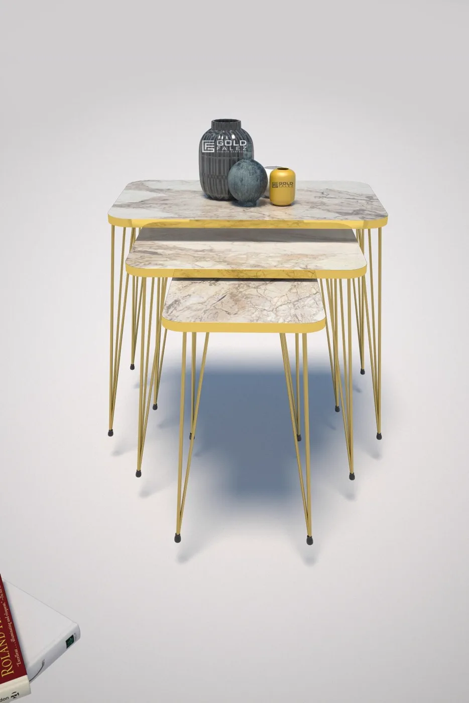 Rectangular 4-Piece Table Set Gold Wire Legs - White Marble Effect