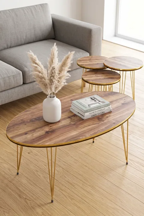 Round 4-Piece Table Set Gold Wire Legs - Walnut
