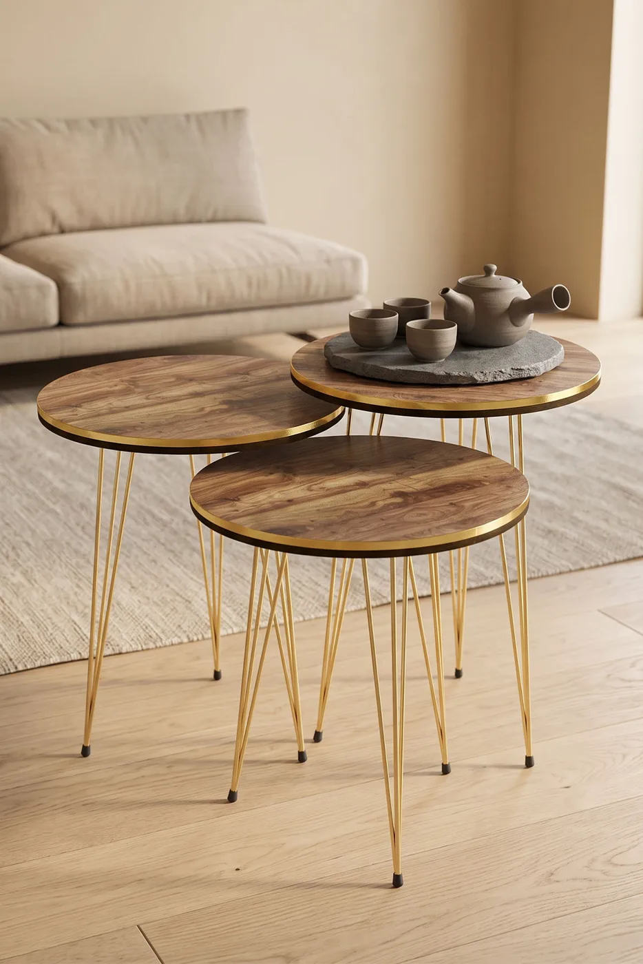 Round 4-Piece Table Set Gold Wire Legs - Walnut