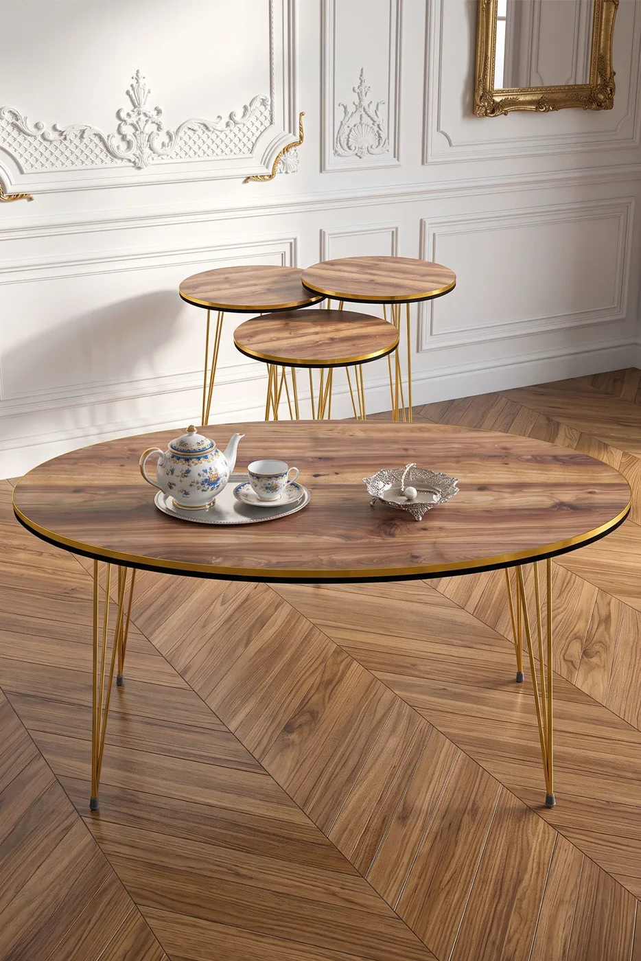 Round 4-Piece Table Set Gold Wire Legs - Walnut