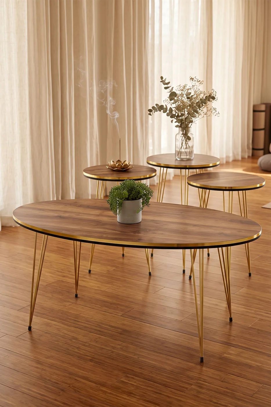Round 4-Piece Table Set Gold Wire Legs - Walnut