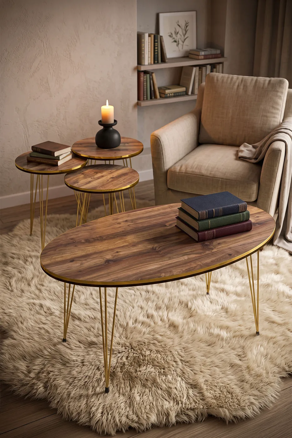 Round 4-Piece Table Set Gold Wire Legs - Walnut