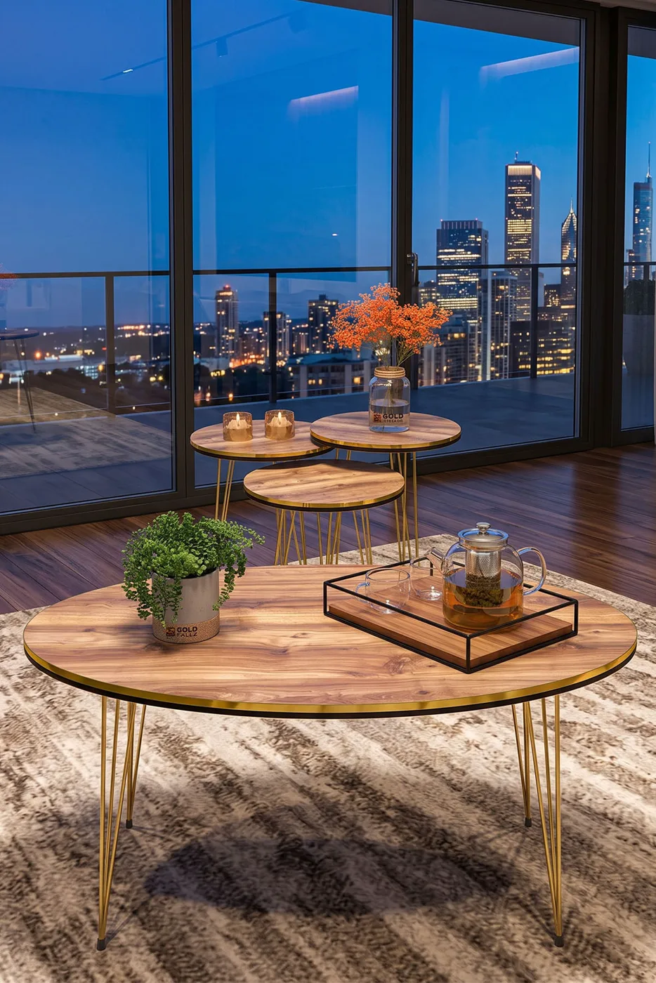 Round 4-Piece Table Set Gold Wire Legs - Walnut