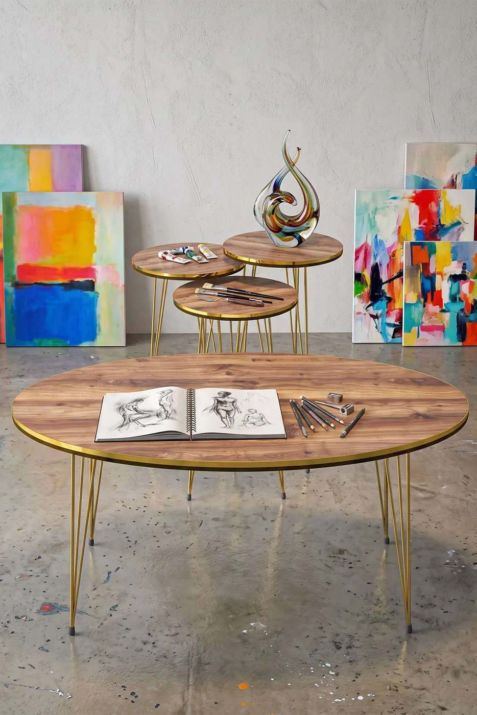 Round 4-Piece Table Set Gold Wire Legs - Walnut