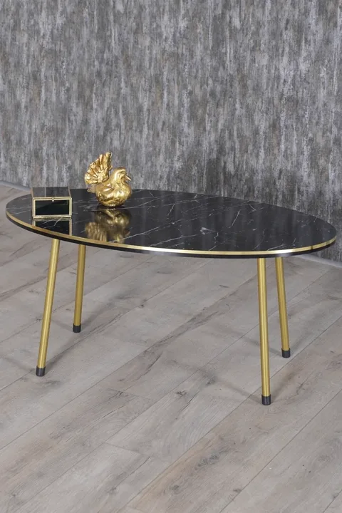 Oval Coffee & Nesting Table Set Gold Metal Legs - Black Marble Effect