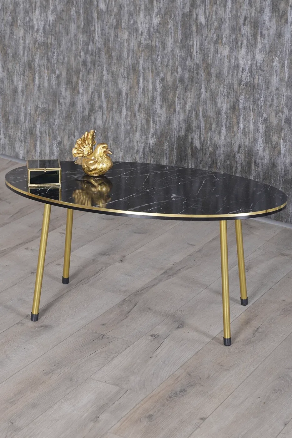 Oval Coffee & Nesting Table Set Gold Metal Legs - Black Marble Effect