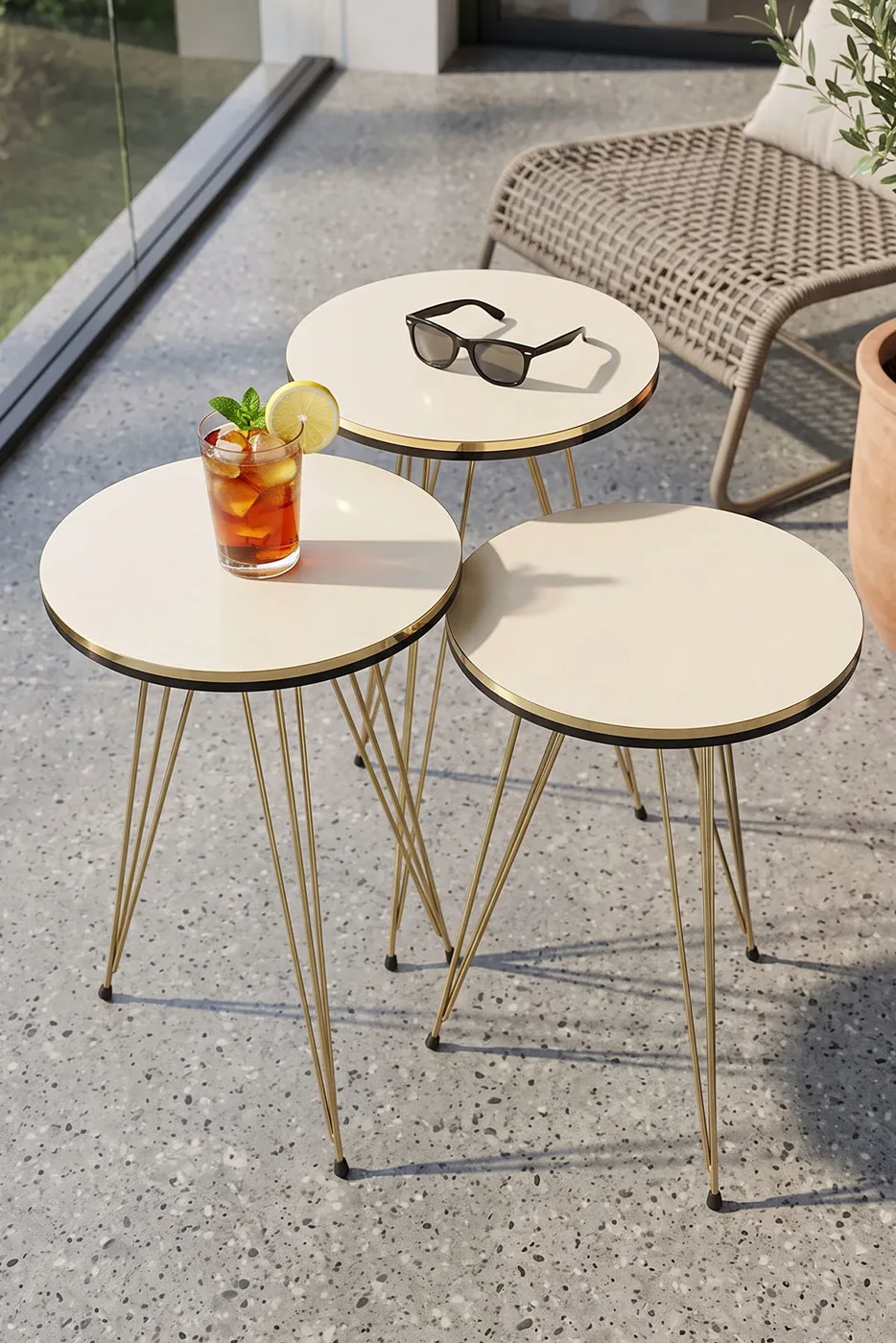 Round Nesting Table Set Gold Wire Legs - Cream