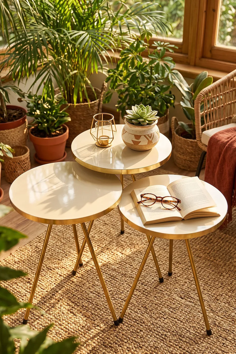 Oval Coffee & Nesting Table Set Gold Metal Legs - Cream