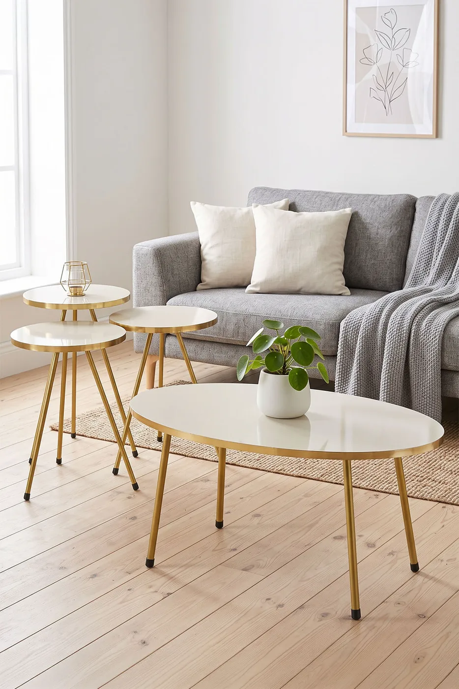 Oval Coffee & Nesting Table Set Gold Metal Legs - Cream