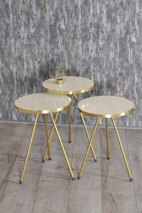 Oval Coffee & Nesting Table Set Gold Metal Legs - Cream