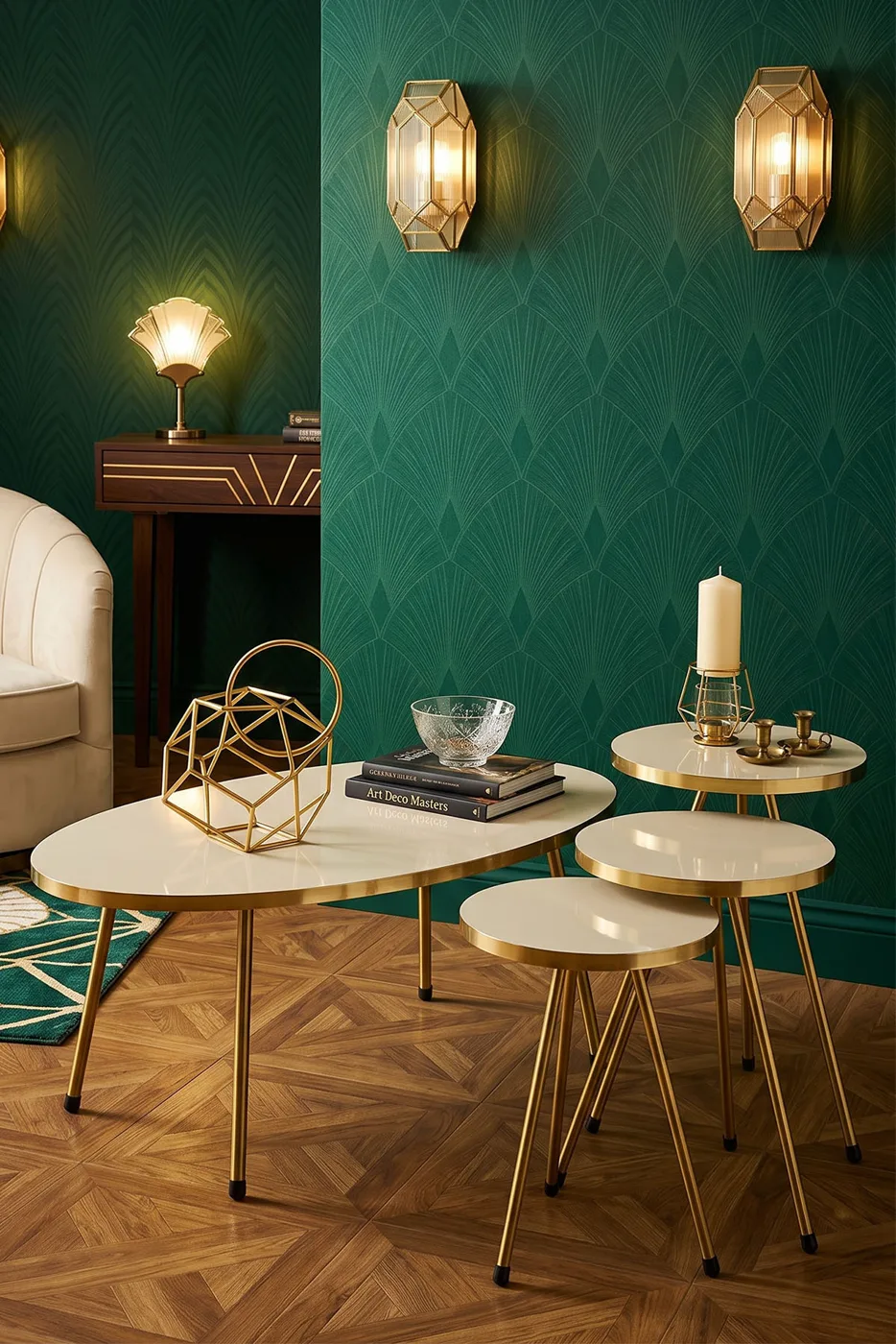 Oval Coffee & Nesting Table Set Gold Metal Legs - Cream