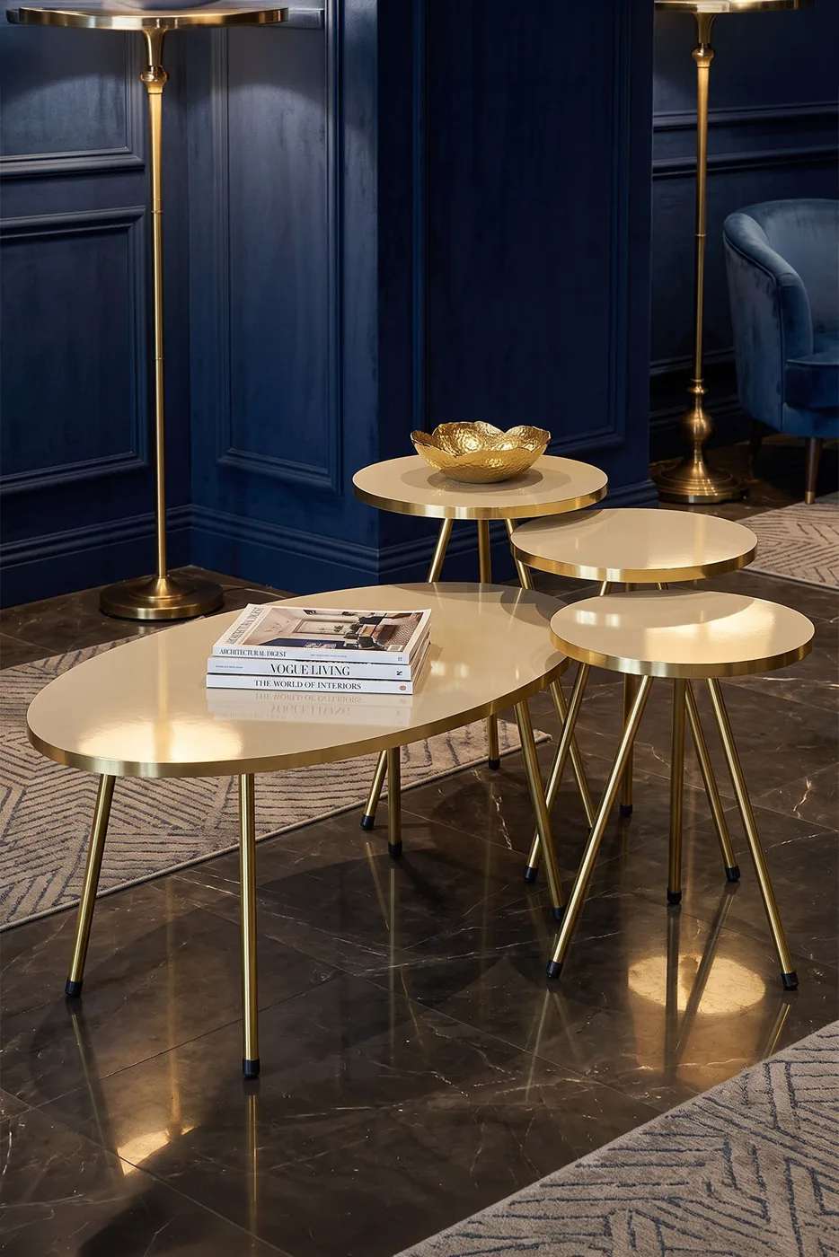Oval Coffee & Nesting Table Set Gold Metal Legs - Cream