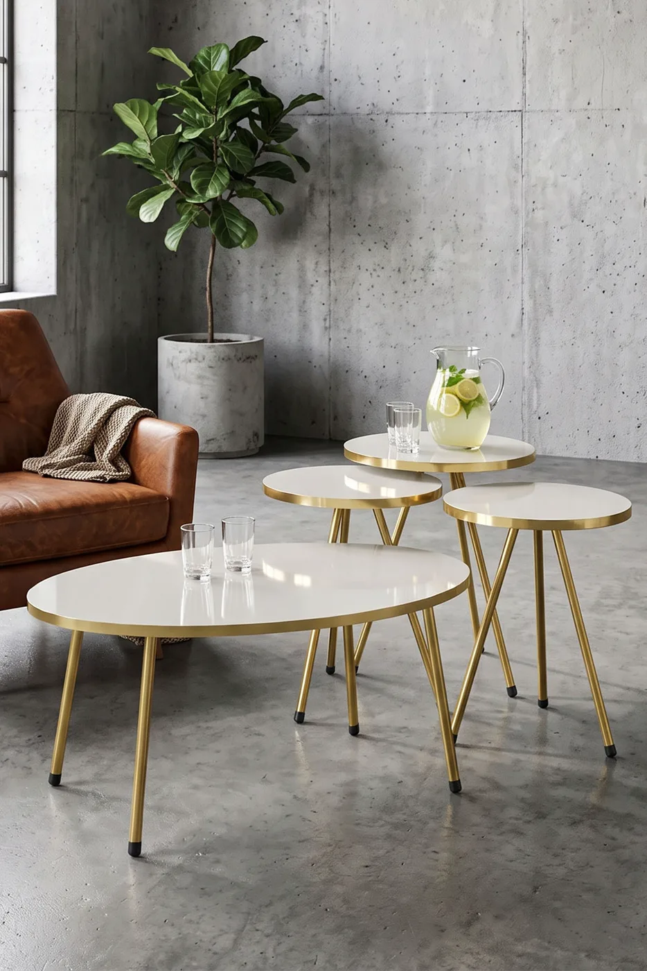 Oval Coffee & Nesting Table Set Gold Metal Legs - Cream