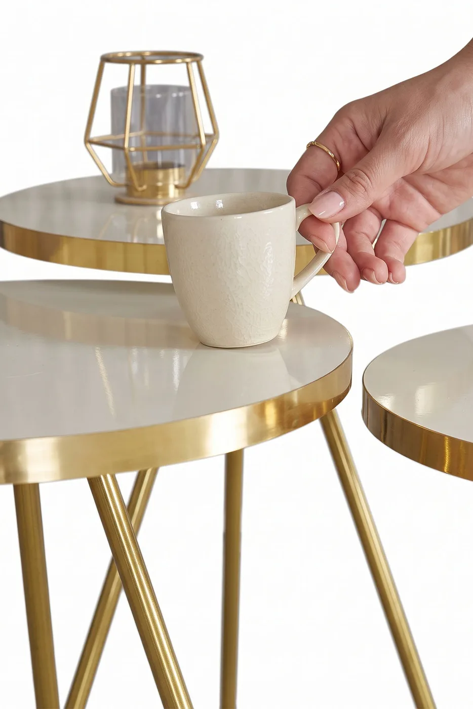 Oval Coffee & Nesting Table Set Gold Metal Legs - Cream