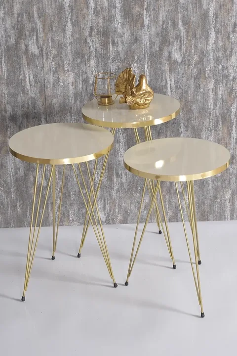 Round 4-Piece Table Set Gold Wire Legs - Cream