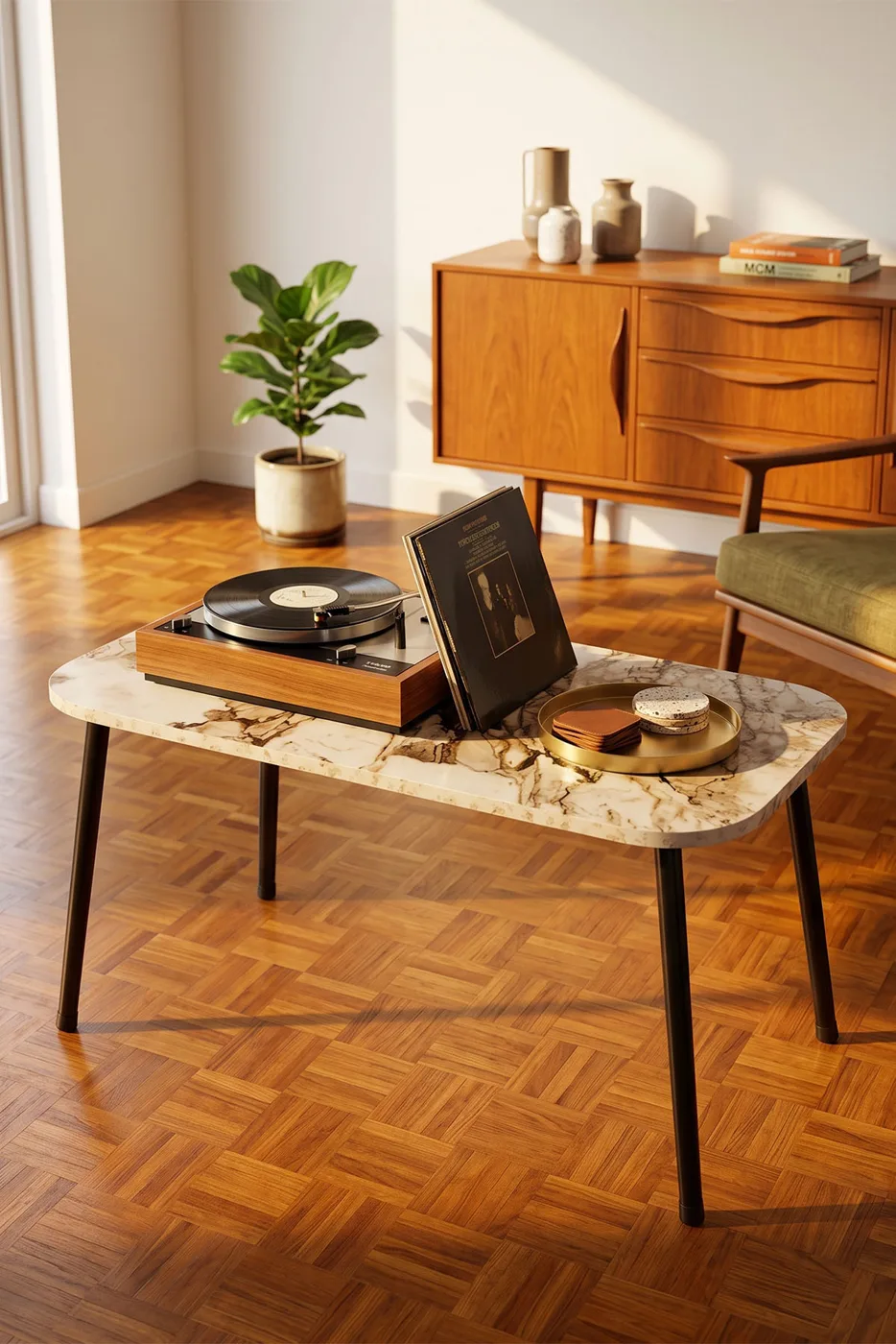 Rectangular Coffee Table Metal Legs - White Marble Effect