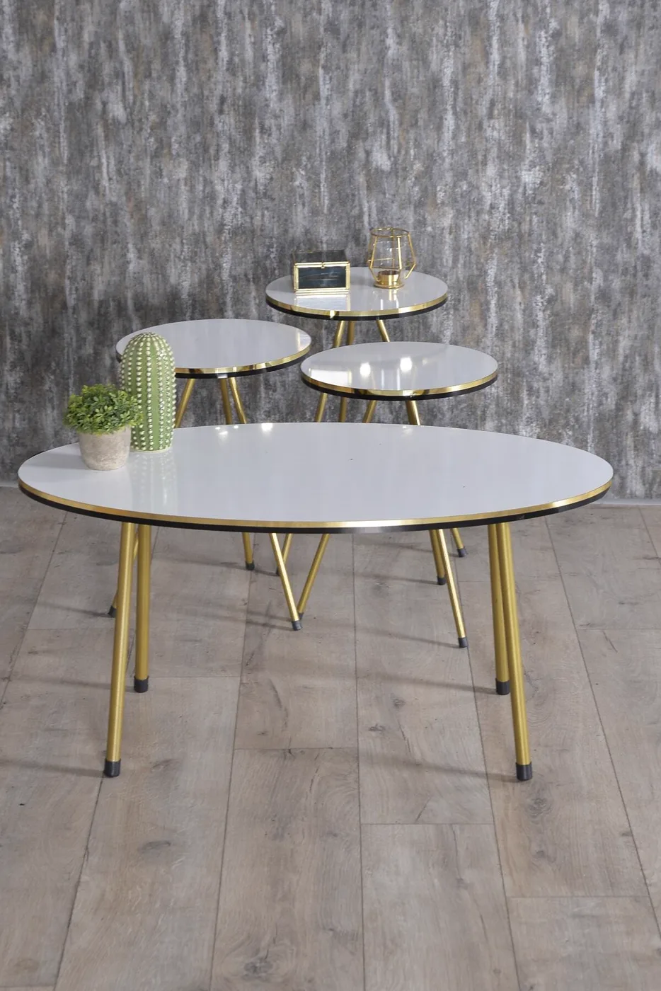 Oval Coffee & Nesting Table Set Gold Metal Legs - White