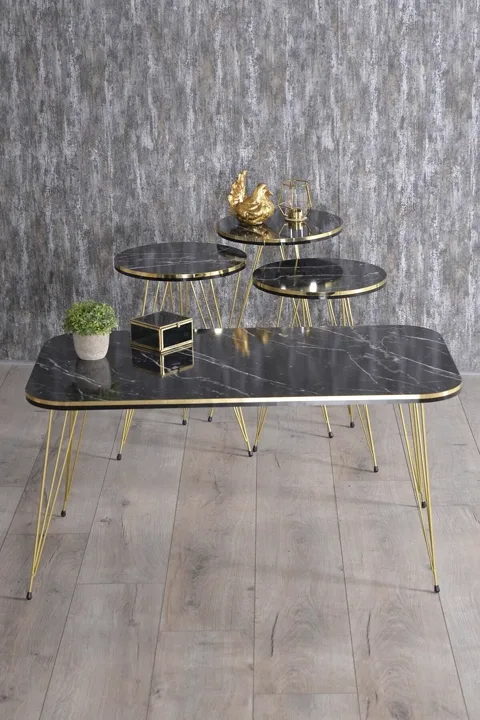 Round 4-Piece Table Set Gold Wire Legs - Black Marble Effect