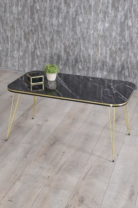 Round 4-Piece Table Set Gold Wire Legs - Black Marble Effect