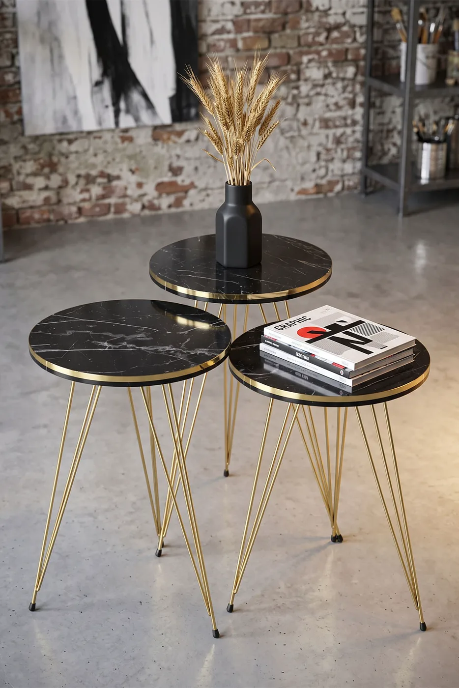 Round 4-Piece Table Set Gold Wire Legs - Black Marble Effect