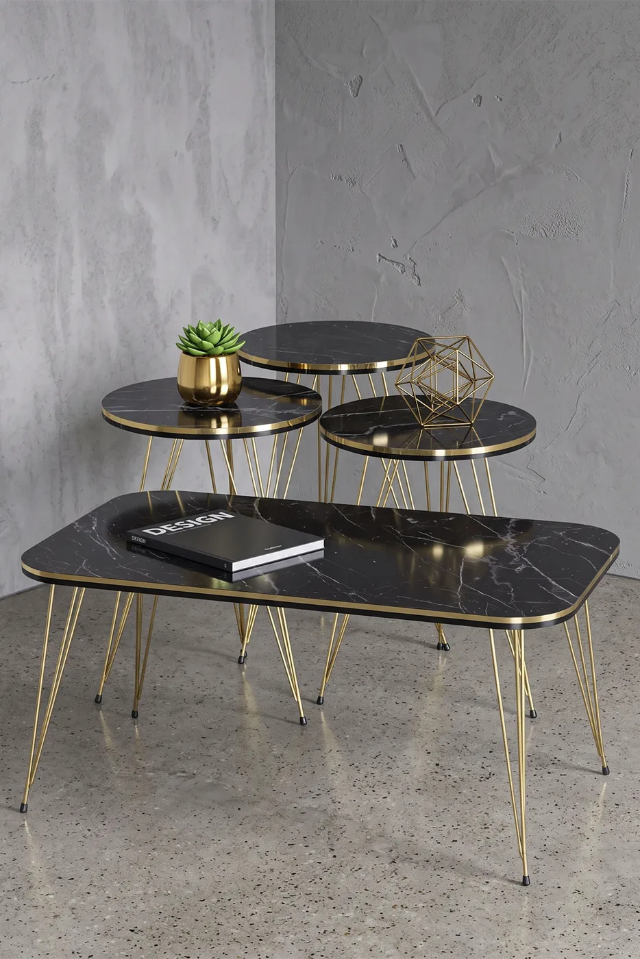 Round 4-Piece Table Set Gold Wire Legs - Black Marble Effect