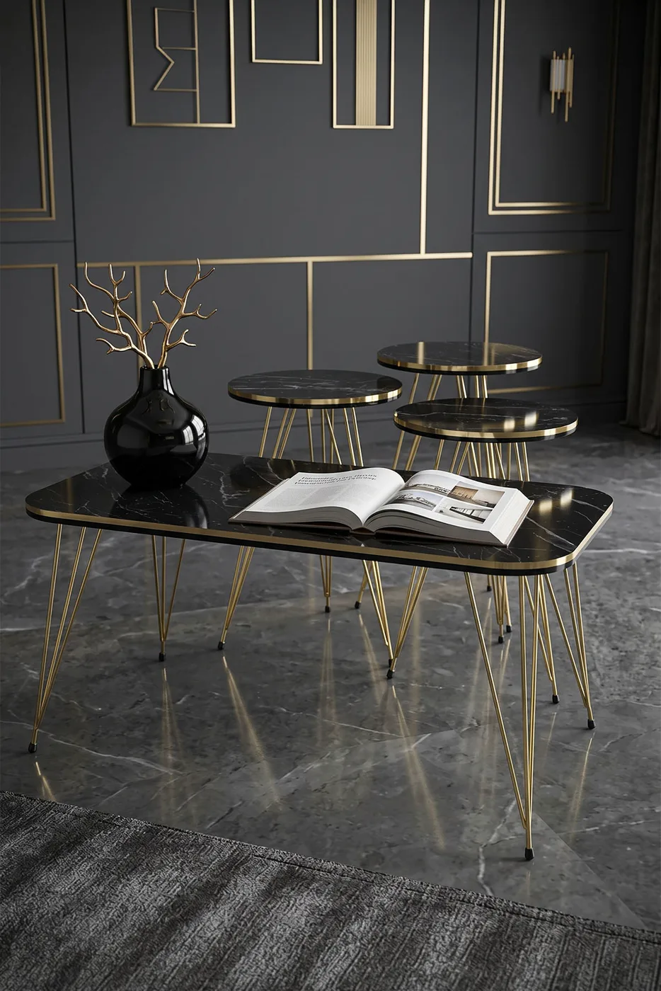 Round 4-Piece Table Set Gold Wire Legs - Black Marble Effect