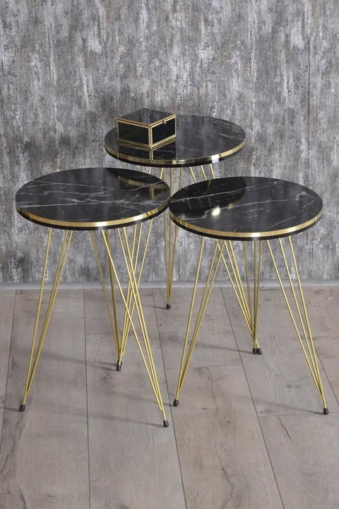 Round 4-Piece Table Set Gold Wire Legs - Black Marble Effect