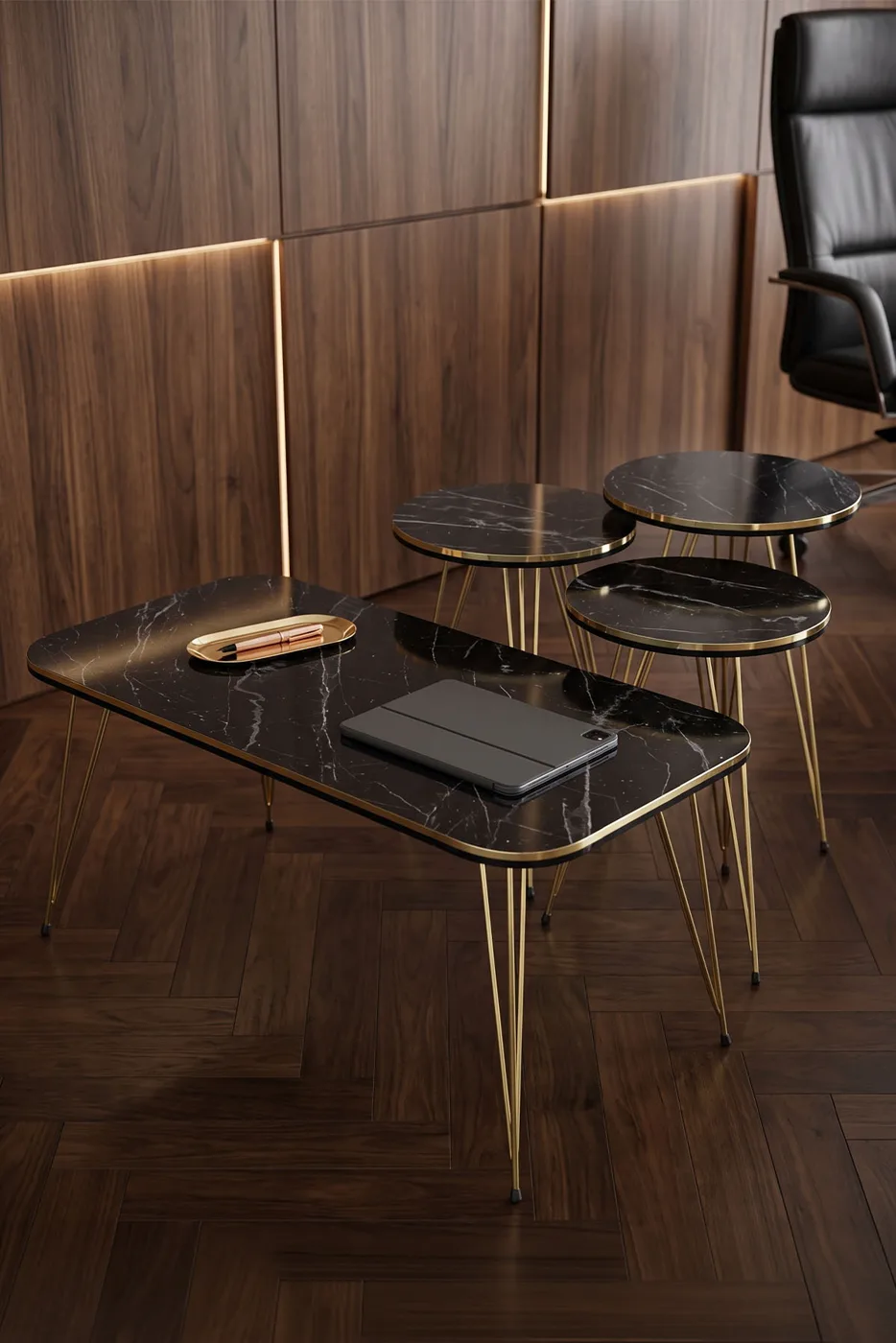 Round 4-Piece Table Set Gold Wire Legs - Black Marble Effect