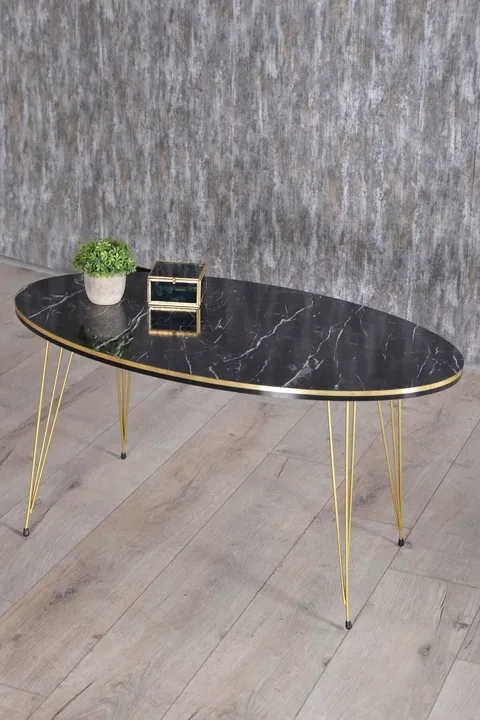 Oval Coffee Table Gold Wire Legs - Black Marble Effect