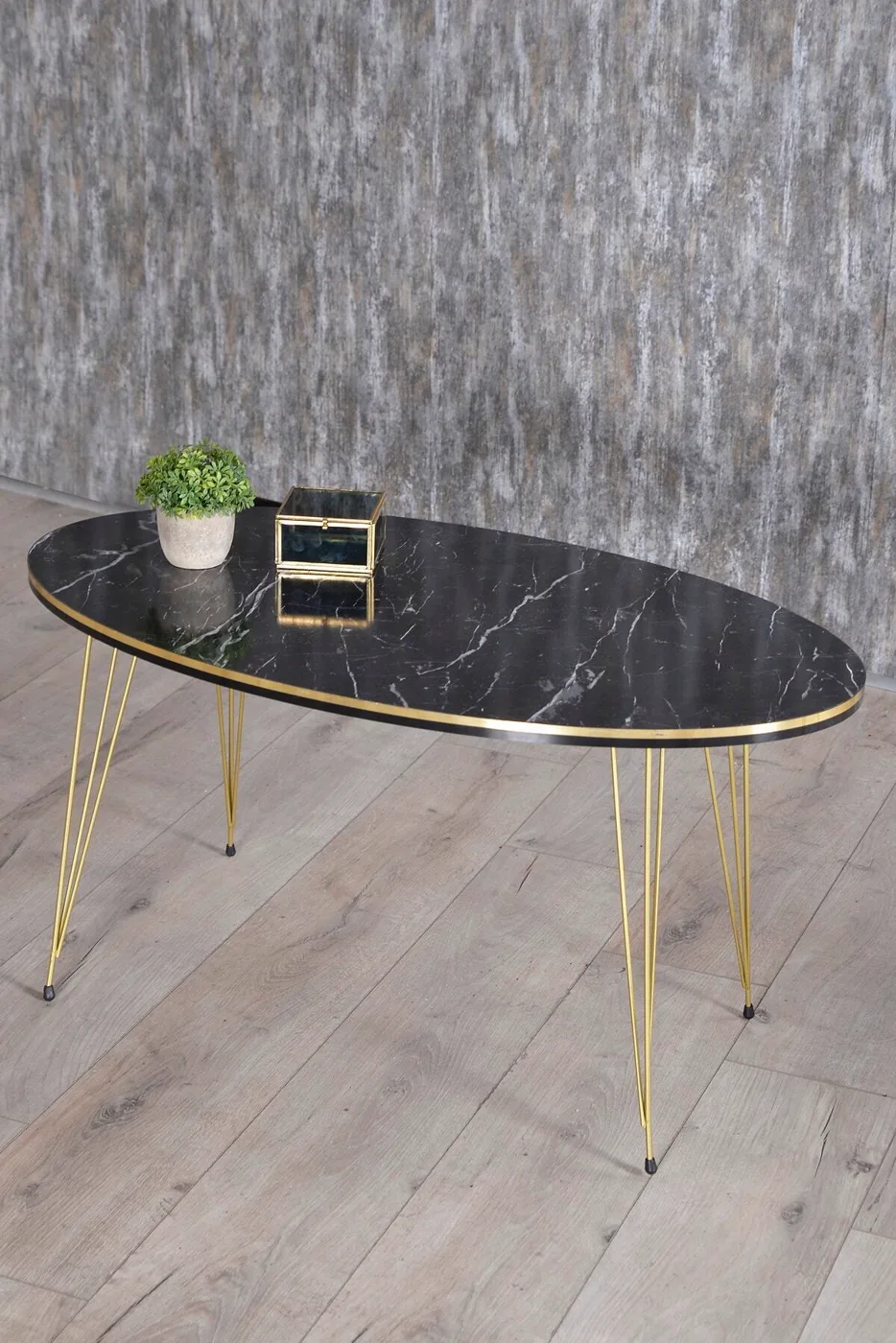 Oval Coffee Table Gold Wire Legs - Black Marble Effect