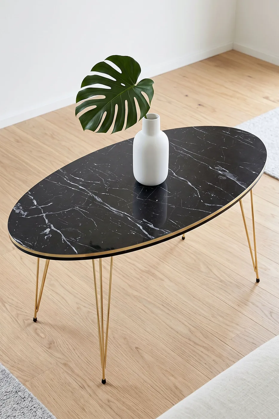 Oval Coffee Table Gold Wire Legs - Black Marble Effect