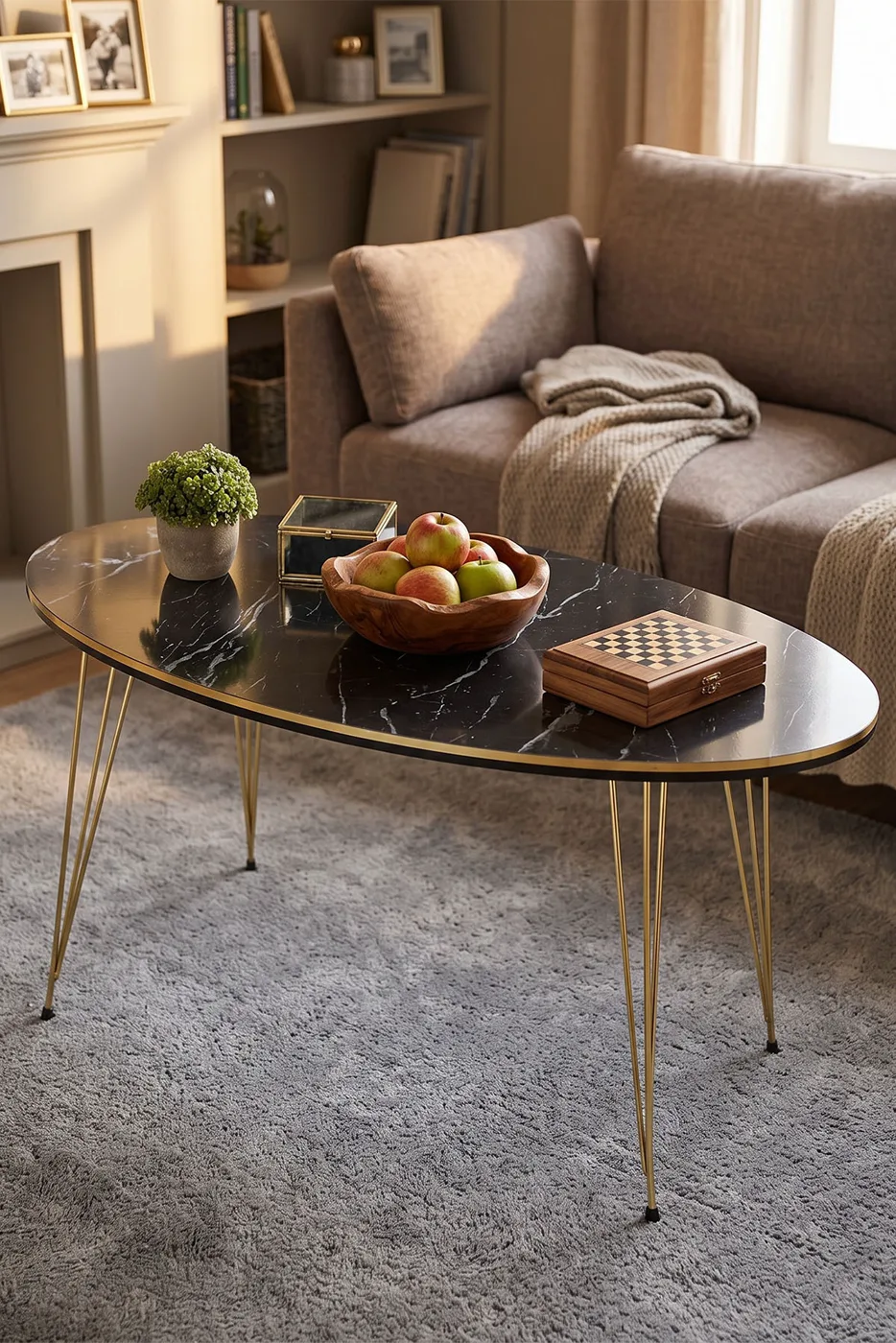 Oval Coffee Table Gold Wire Legs - Black Marble Effect