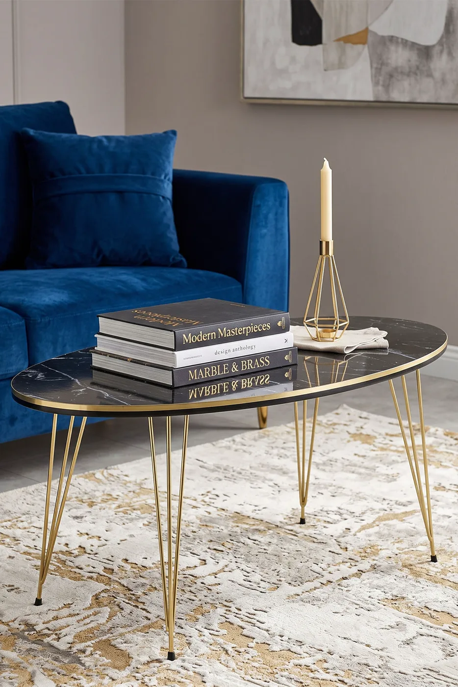 Oval Coffee Table Gold Wire Legs - Black Marble Effect