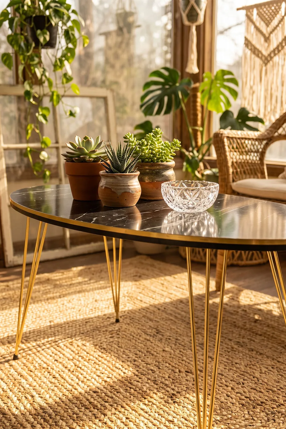 Oval Coffee Table Gold Wire Legs - Black Marble Effect