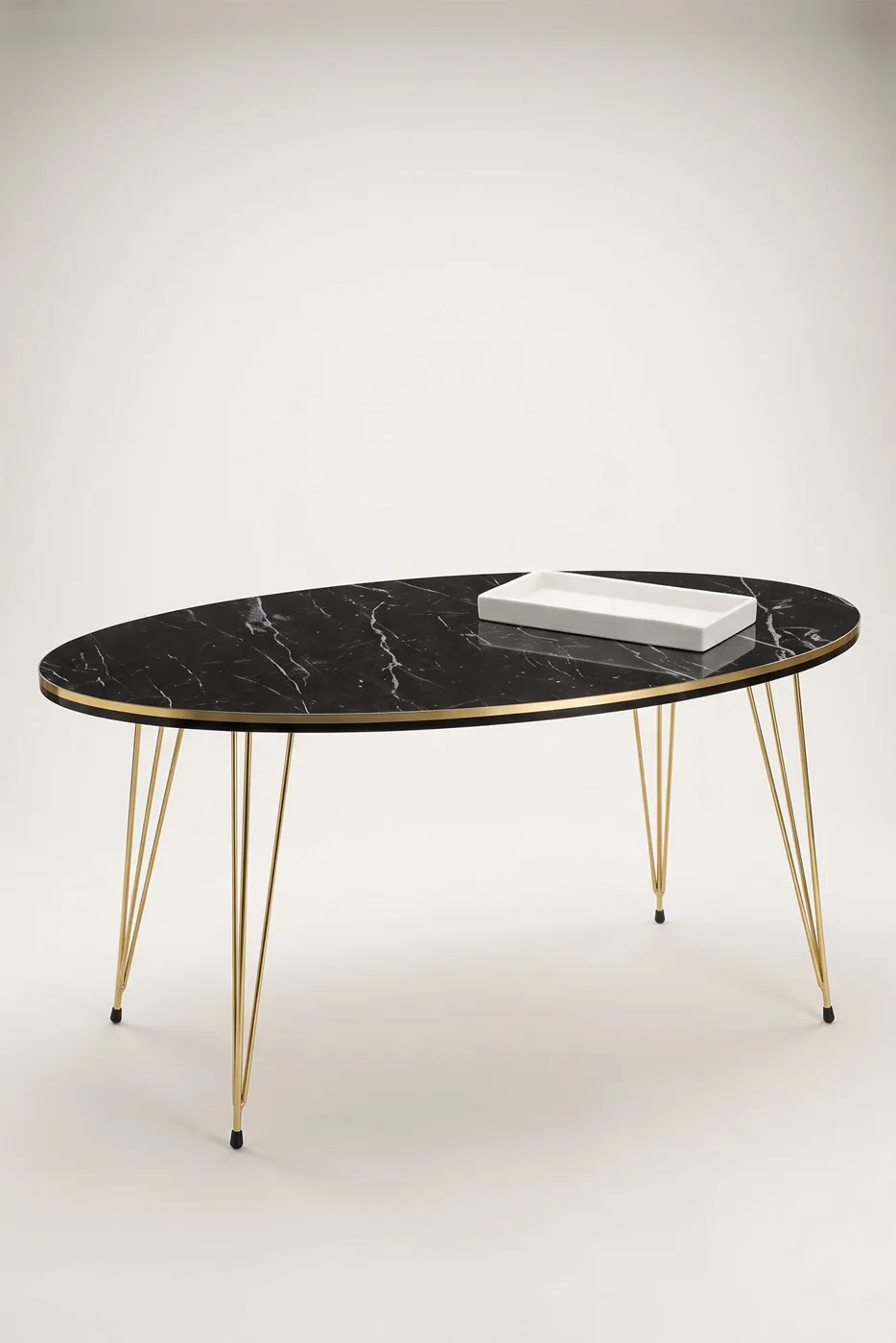 Oval Coffee Table Gold Wire Legs - Black Marble Effect