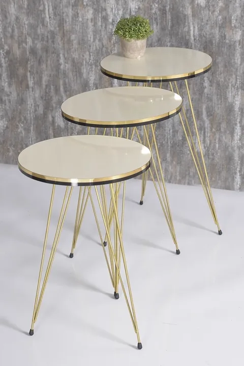 Round 4-Piece Table Set Gold Wire Legs - Cream 1